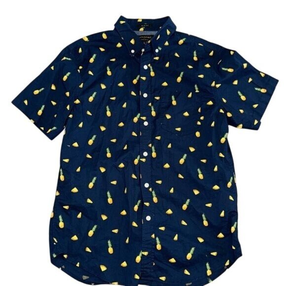 Banana Republic Slim Fit Pineapple & Lemon Print Navy Short Sleeve Shirt M - Picture 1 of 6